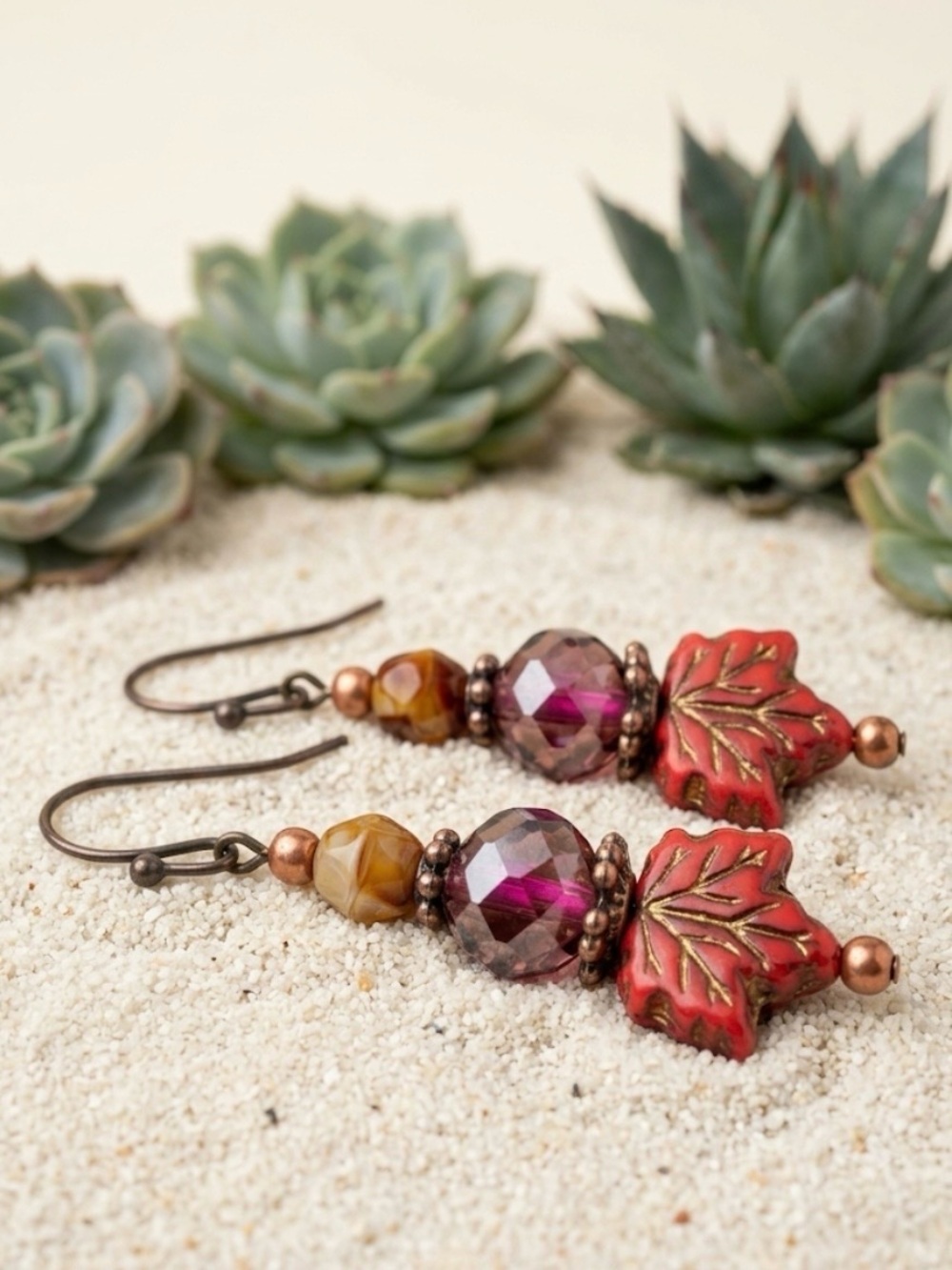 Hand Crafted Passion Leaves Dangle Earrings Crimson & Copper 2” Czech Glass NWT - Picture 3 of 13